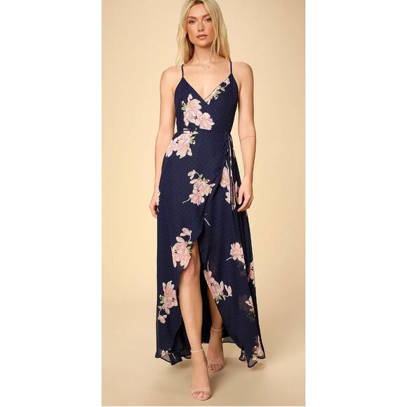 Lulu's Wrap Navy Blue Floral Print Polka Dot Loiselle Maxi Dress Size L - Picture 10 of 17